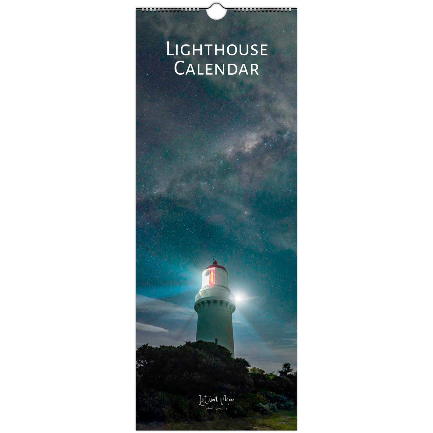 Lighthouse calendar with a lighthouse under a starry sky by Istvan Maar Photography.