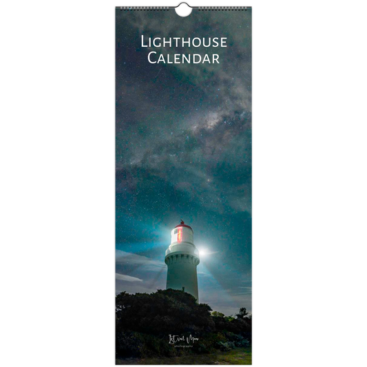 Lighthouse calendar with a lighthouse under a starry sky by Istvan Maar Photography.