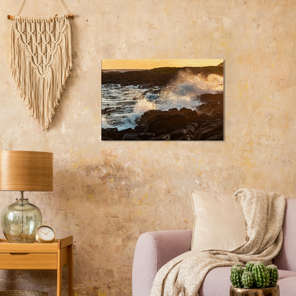 Sunset black rocks with waves on canvas by Istvan Maar Photography - by bedroom