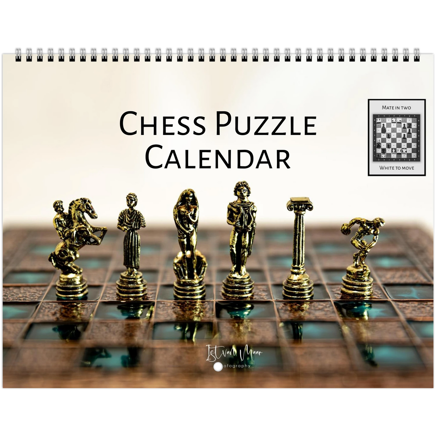 Chess Puzzle Calendar featuring metallic gold chess pieces on a dark checkered board, with the title 'CHESS PUZZLE CALENDAR' and a small 'Istvan Maar Photography' label on the cover.