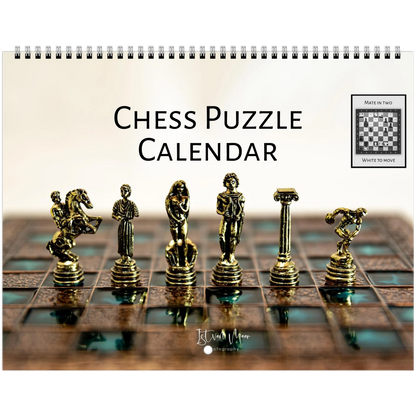 Chess Puzzle Calendar featuring metallic gold chess pieces on a dark checkered board, with the title 'CHESS PUZZLE CALENDAR' and a small 'Istvan Maar Photography' label on the cover.