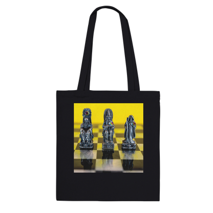 Myth and Magic Chess Set Tote Bag – Yellow by Istvan Maar Photography, metal chess pieces on a yellow and black checkered board