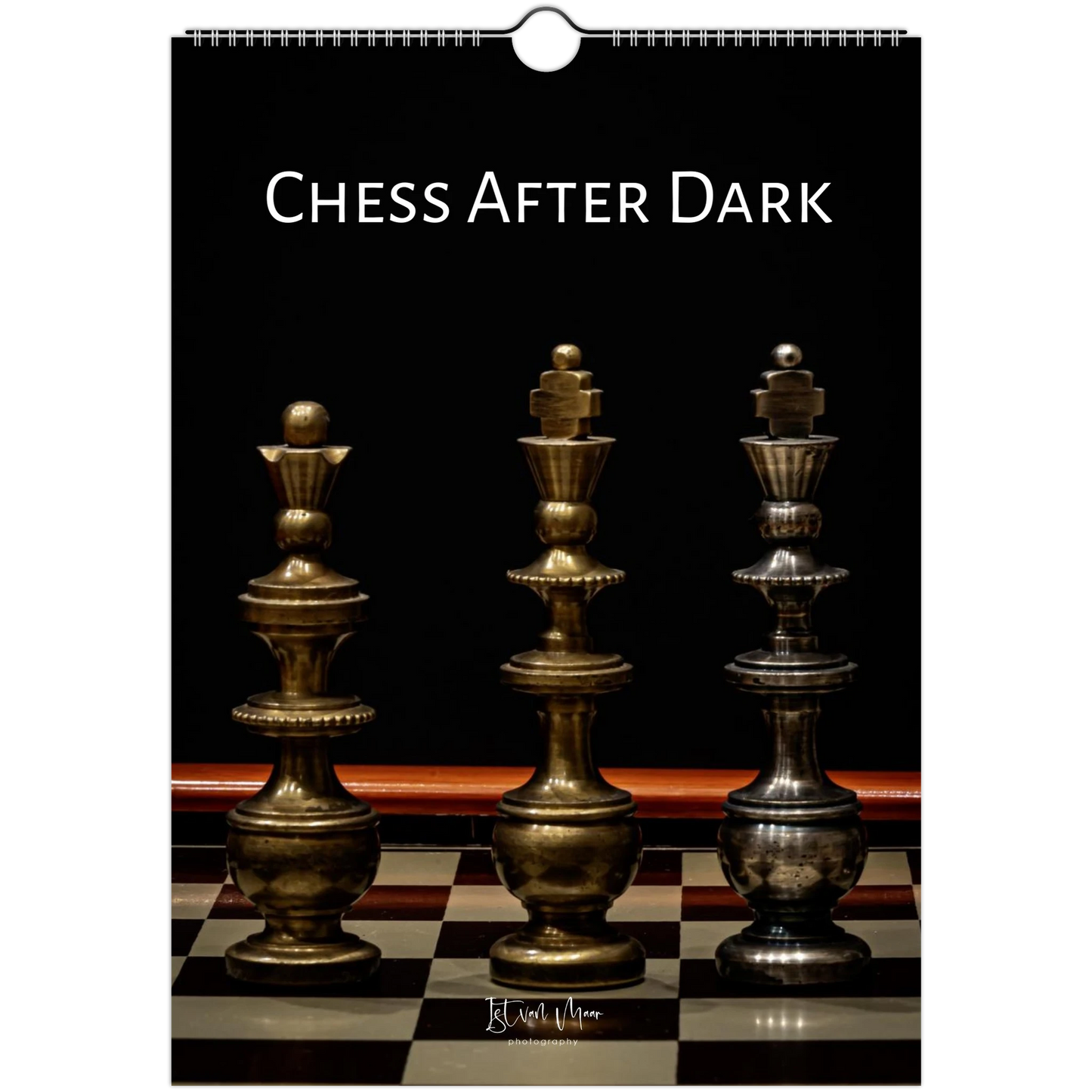 A hanging wall calendar or poster cover featuring the title 'CHESS AFTER DARK' in white text above a dramatic photo of three chess pieces on a checkered board against a black background.