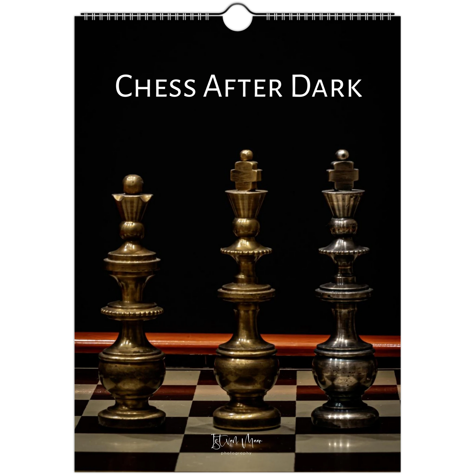 A hanging wall calendar or poster cover featuring the title 'CHESS AFTER DARK' in white text above a dramatic photo of three chess pieces on a checkered board against a black background.