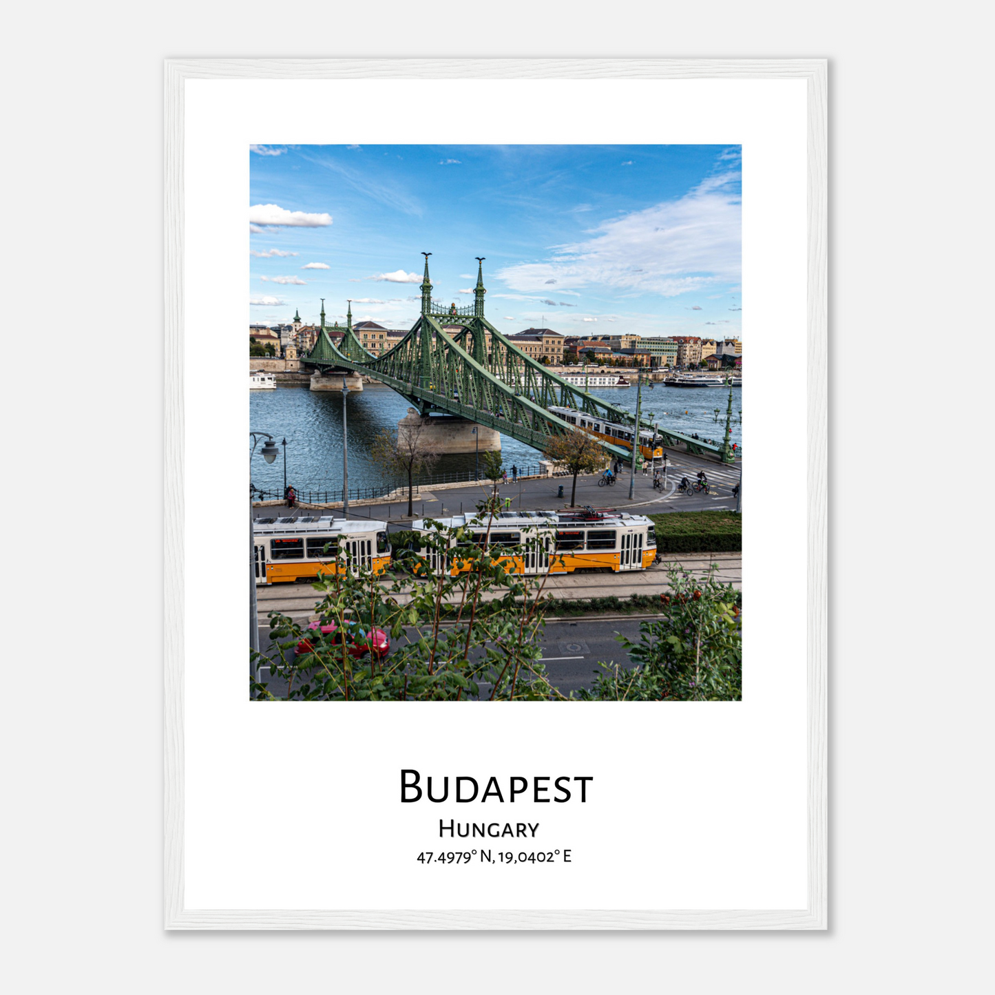 Personalized framed Budapest travel poster - Liberty bridge - white frame