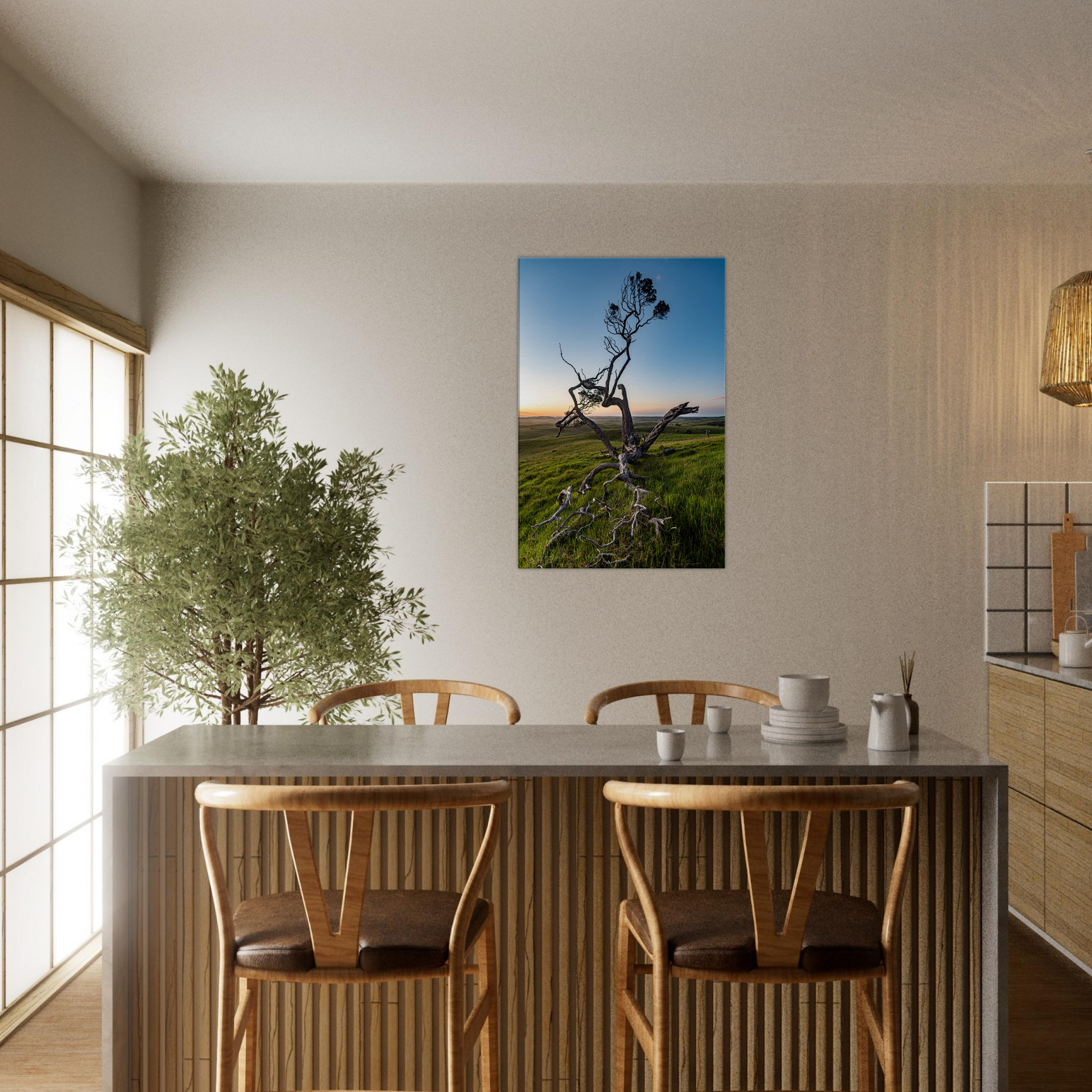 Twisted tree in sunset on canvas by Istvan Maar Photography - in dining room