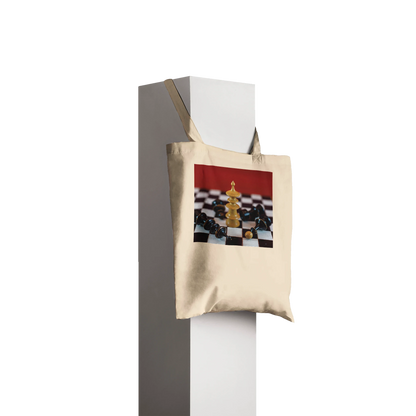 Vienna Chess Set Tote Bag Natural side view on pedestal – chess queen victory art print