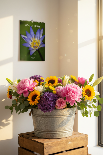Flower bucket foreground with Water Lilies Calendar