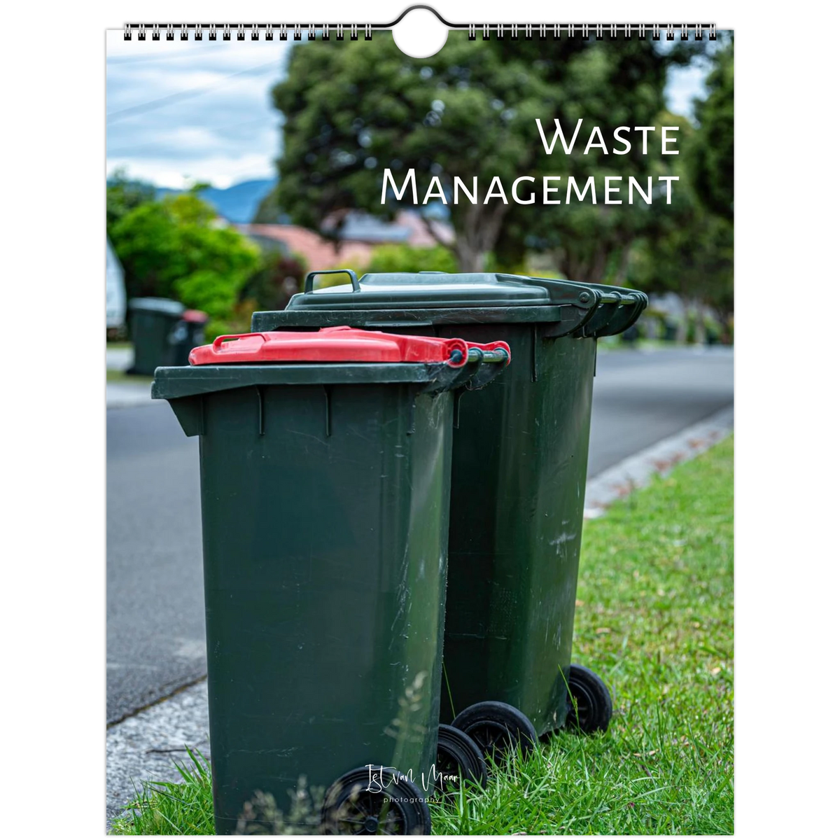 2027 Garbage Management Wall Calendar cover – green wheelie bins with red lids on a suburban street, by Istvan Maar Photography
