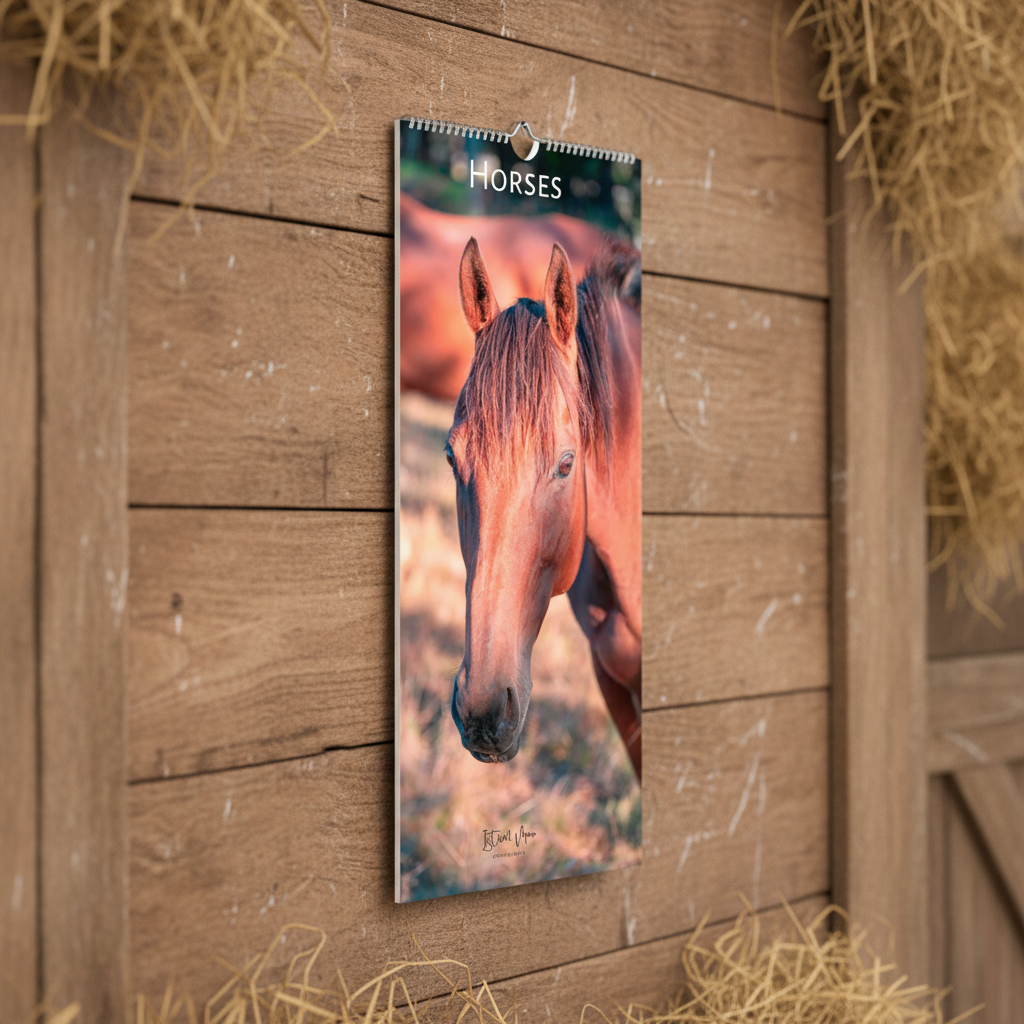 A wall calendar featuring a close-up photograph of a brown horse, hanging on a rustic wooden barn door with hay visible in the corners.