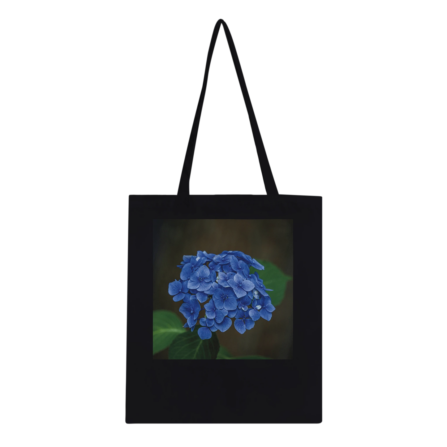 Blue hydrangea photograph printed on a black canvas tote bag, Classic style, front view