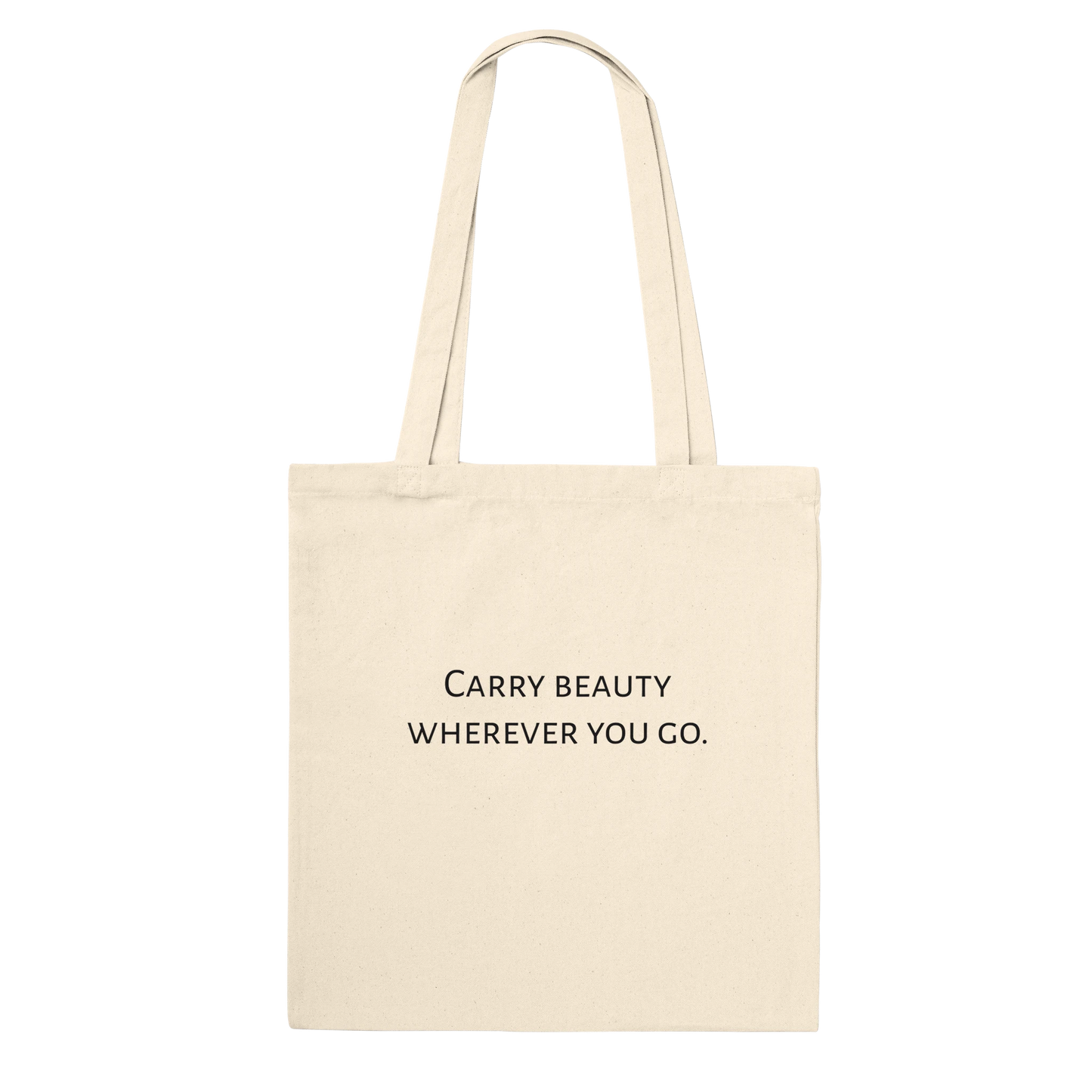 Natural canvas tote bag, Classic style, back view with "Carry beauty wherever you go" text