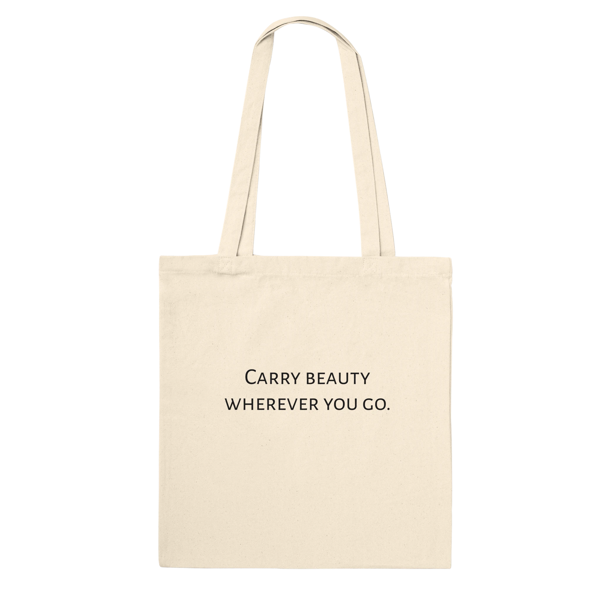 Natural canvas tote bag, Classic style, back view with "Carry beauty wherever you go" text