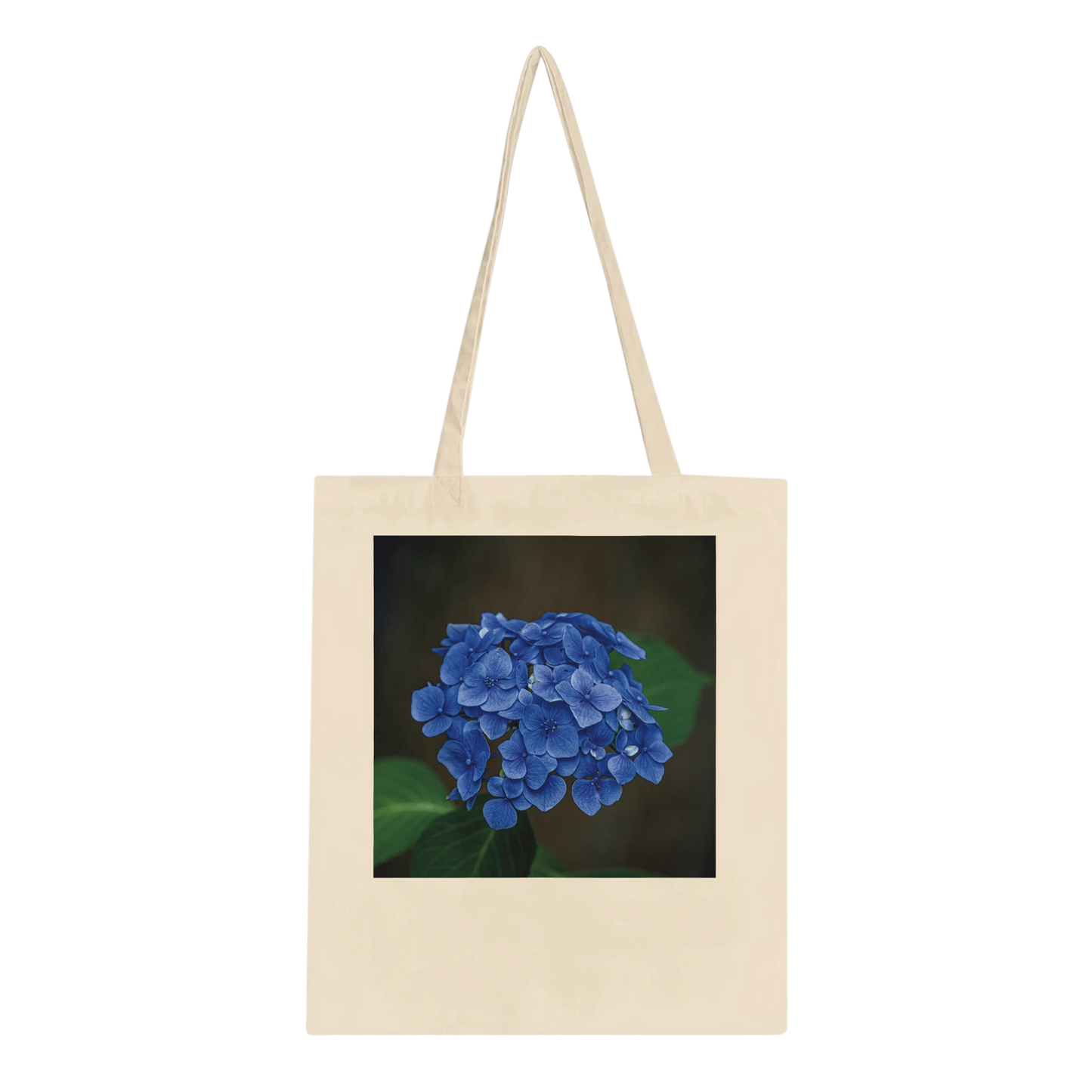 Blue hydrangea photograph printed on a natural canvas tote bag, Classic style, front view