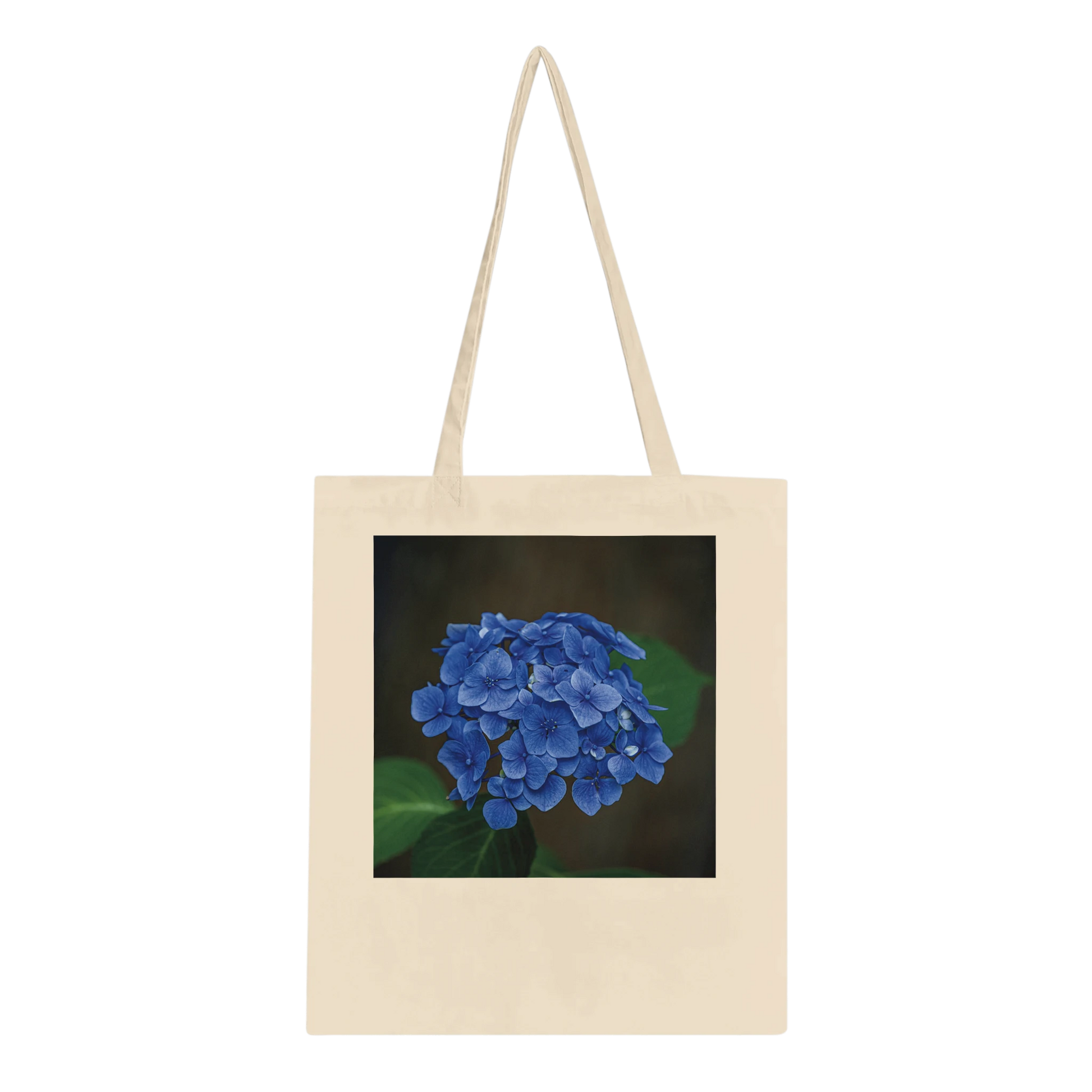 Blue hydrangea photograph printed on a natural canvas tote bag, Classic style, front view
