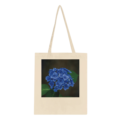 Blue hydrangea photograph printed on a natural canvas tote bag, Classic style, front view
