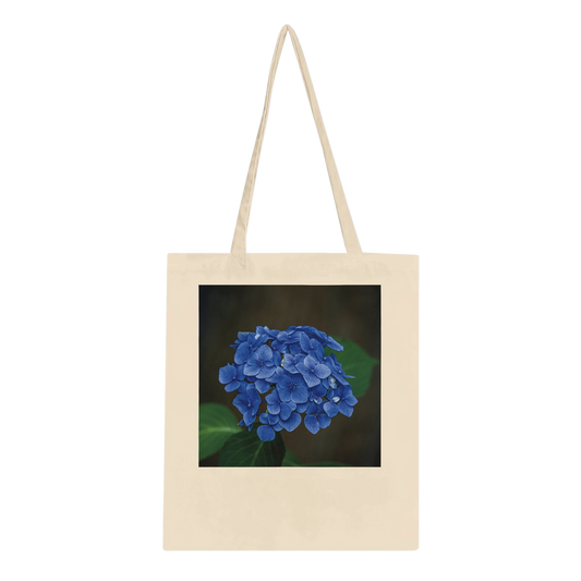 Blue hydrangea photograph printed on a natural canvas tote bag, Classic style, front view
