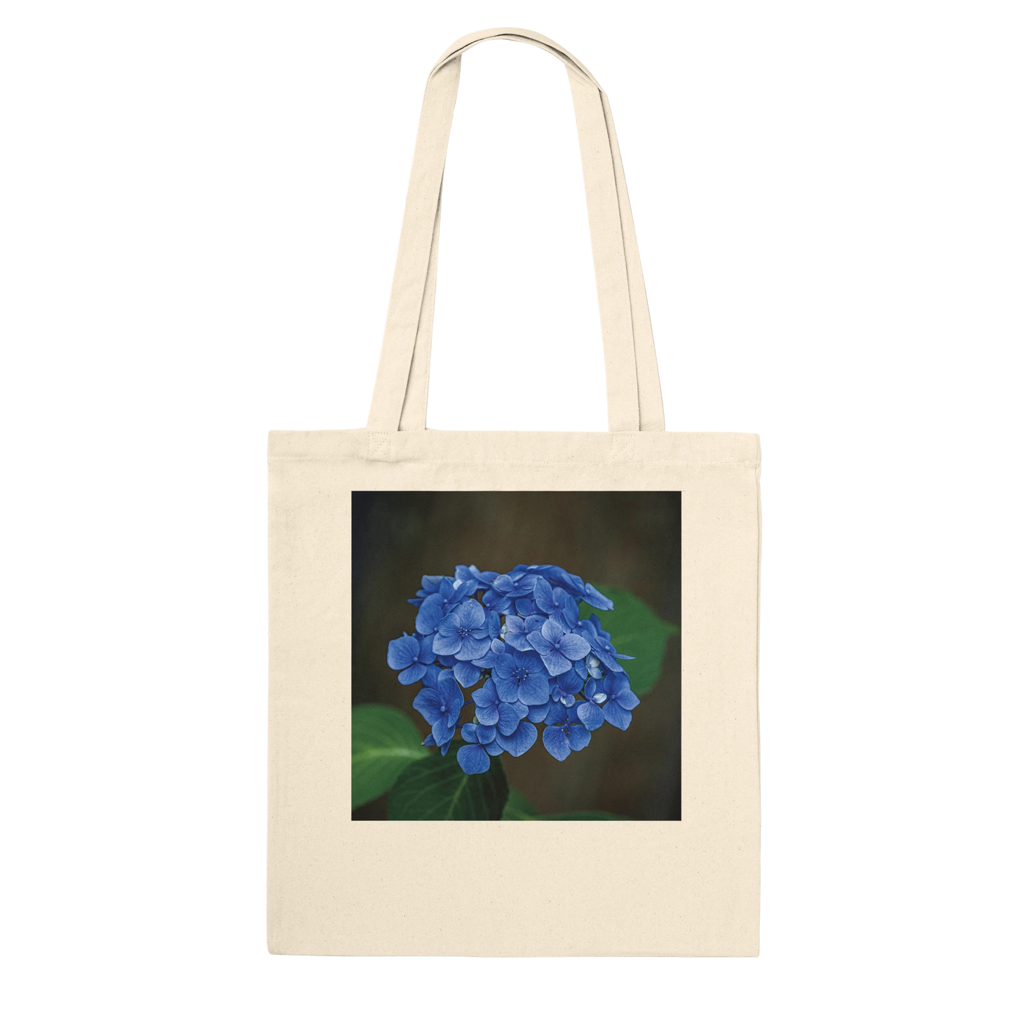 Blue hydrangea photograph printed on a natural canvas tote bag, Premium style, flat product view