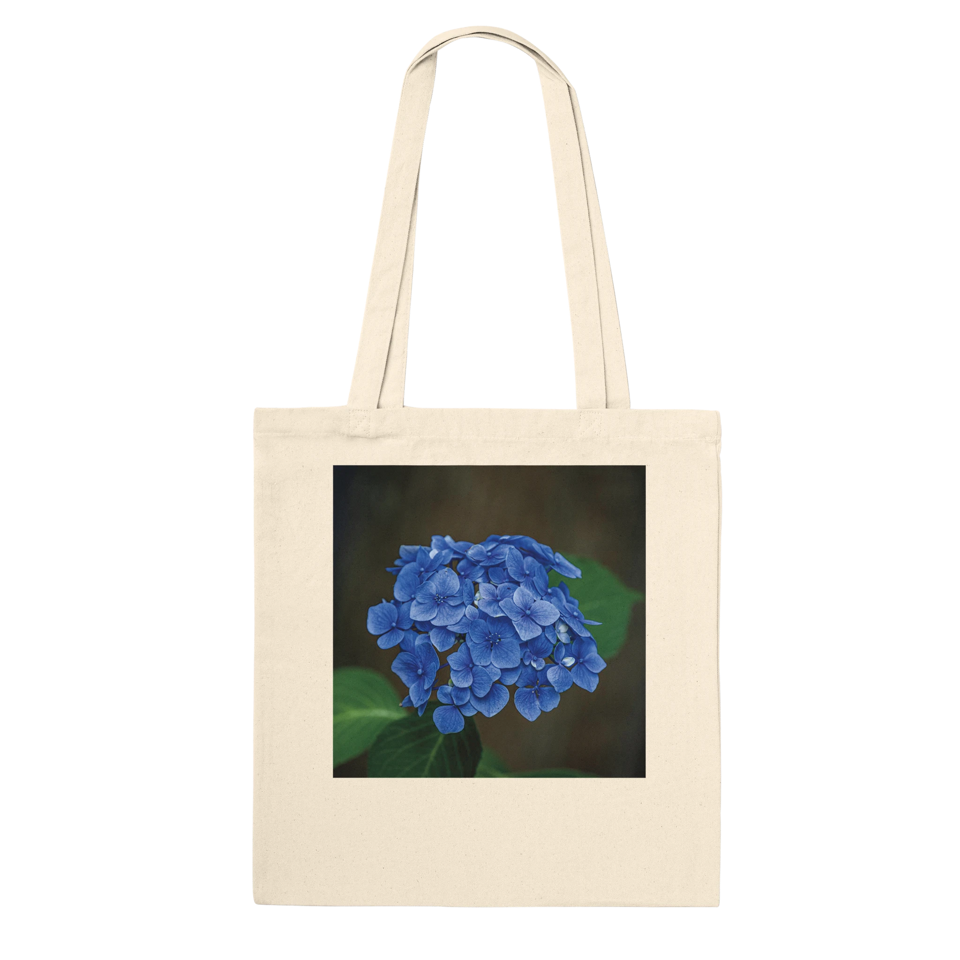 Blue hydrangea photograph printed on a natural canvas tote bag, Premium style, flat product view