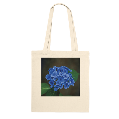 Blue hydrangea photograph printed on a natural canvas tote bag, Premium style, flat product view