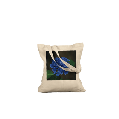 Blue hydrangea photograph printed on a natural canvas tote bag, Premium style, laid flat