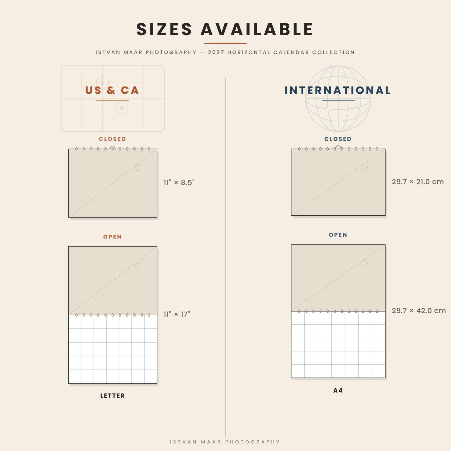 Size guide for Istvan Maar Photography's 2027 horizontal wall calendar collection — closed and open views comparing Letter (US & CA) and A4 (International) sizes.