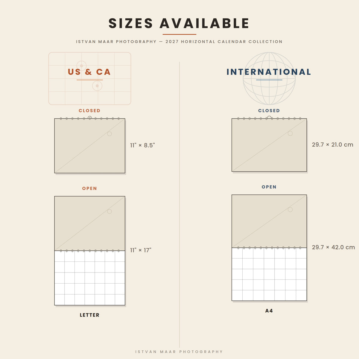 Size guide for Istvan Maar Photography's 2027 horizontal wall calendar collection — closed and open views comparing Letter (US & CA) and A4 (International) sizes.