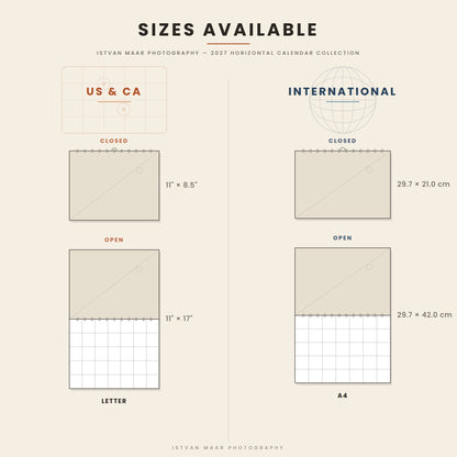 Size guide for Istvan Maar Photography's 2027 horizontal wall calendar collection — closed and open views comparing Letter (US & CA) and A4 (International) sizes.