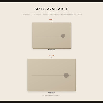 Size guide for Istvan Maar Photography's horizontal stretched canvas prints, comparing Small (40x60cm) and Medium (50x75cm) dimensions in inches and centimetres.