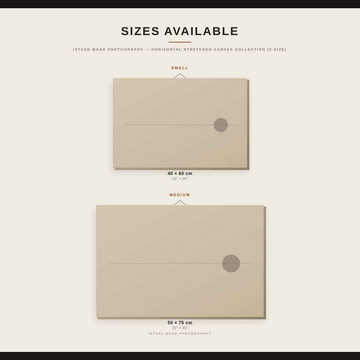 Size guide for Istvan Maar Photography's horizontal stretched canvas prints, comparing Small (40x60cm) and Medium (50x75cm) dimensions in inches and centimetres.