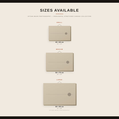 Size guide for Istvan Maar Photography's horizontal stretched canvas prints, comparing Small (40x60cm), Medium (50x75cm) and Large (60x90cm) dimensions in inches and centimetres.