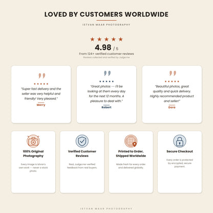 Loved by customers worldwide — Istvan Maar Photography rated 4.98 out of 5 from over 124 verified customer reviews collected by Judge.me, with testimonials praising fast delivery, quality and service, plus trust badges for 100% original photography, verified reviews, worldwide shipping, and secure checkout.