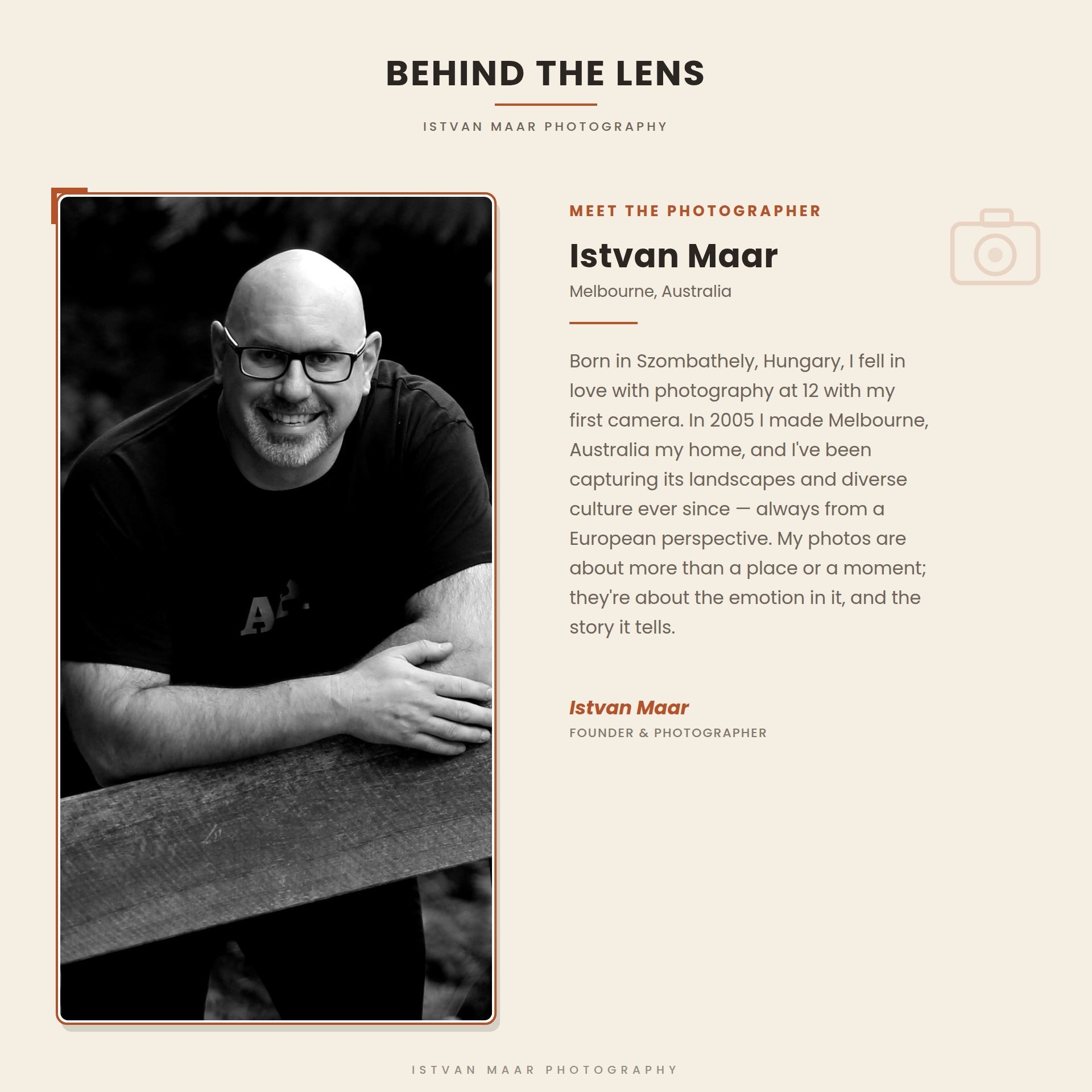 Meet the photographer — Istvan Maar, founder of Istvan Maar Photography, a Melbourne-based photographer originally from Hungary, with a short bio about his background and photography style.