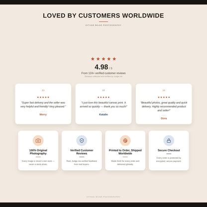 Loved by customers worldwide — Istvan Maar Photography rated 4.98 out of 5 from over 124 verified customer reviews collected by Judge.me, with testimonials praising fast delivery, quality and service, plus trust badges for 100% original photography, verified reviews, worldwide shipping, and secure checkout.