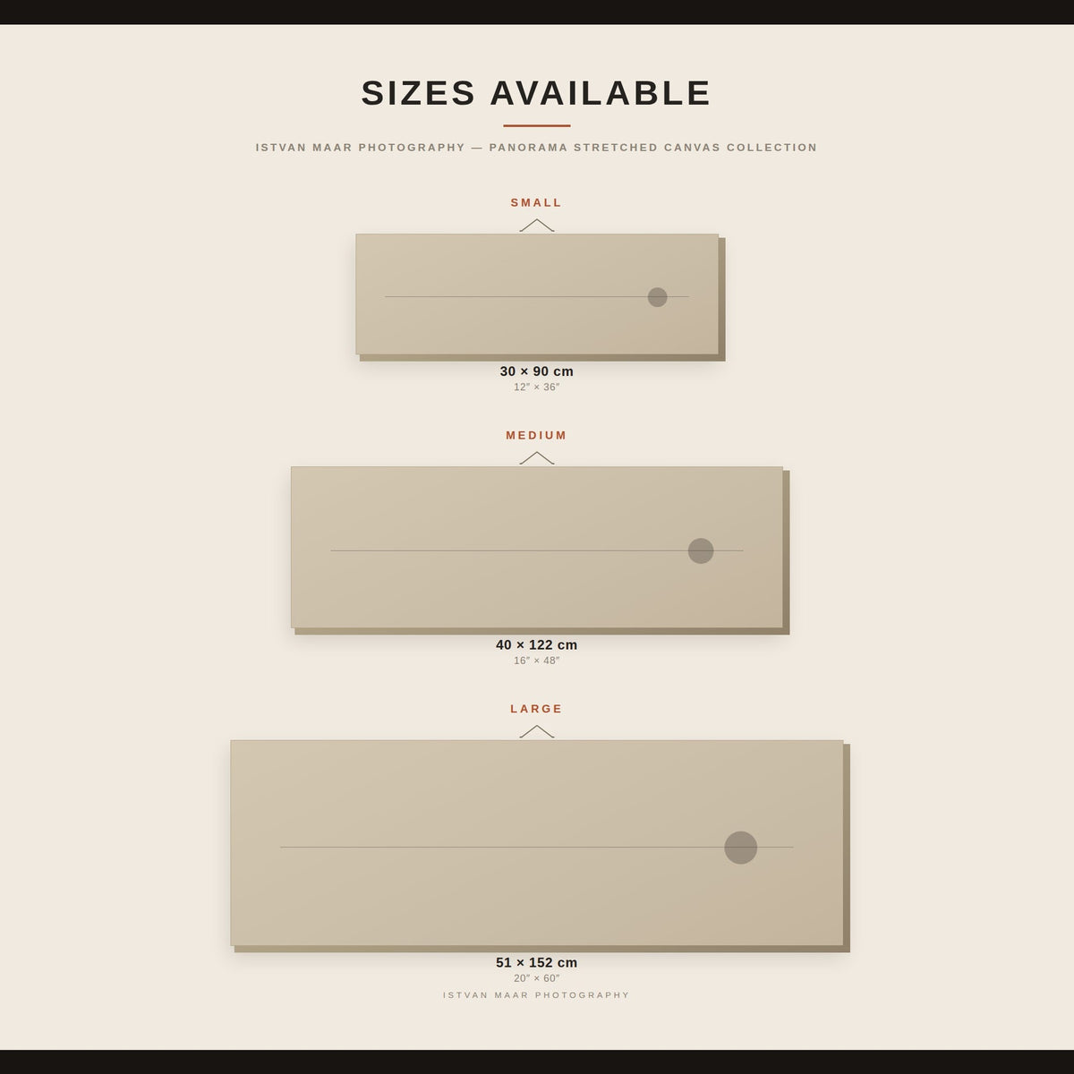 Size guide for Istvan Maar Photography's panorama stretched canvas prints, comparing 30x90cm, 40x122cm and 51x152cm dimensions in inches and centimetres.