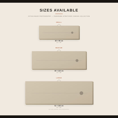 Size guide for Istvan Maar Photography's panorama stretched canvas prints, comparing 30x90cm, 40x122cm and 51x152cm dimensions in inches and centimetres.