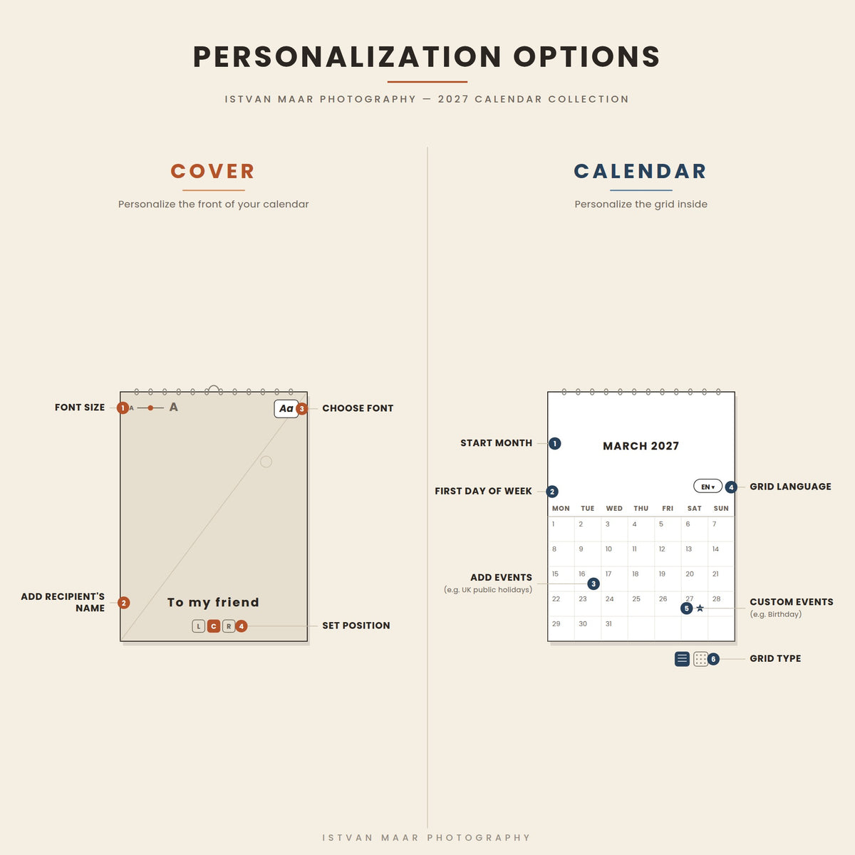 Personalization options for Istvan Maar Photography's 2027 calendar collection — cover: add recipient's name, choose font, size and position; calendar grid: choose start month, first day of week, language, grid type, and add events including custom events like birthdays.