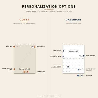 Personalization options for Istvan Maar Photography's 2027 calendar collection — cover: add recipient's name, choose font, size and position; calendar grid: choose start month, first day of week, language, grid type, and add events including custom events like birthdays.