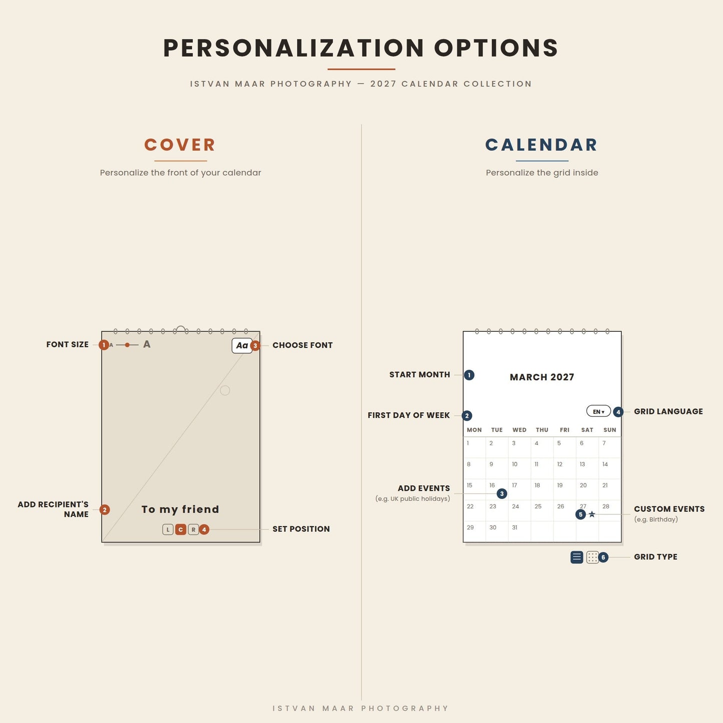 Personalization options for Istvan Maar Photography's 2027 calendar collection — cover: add recipient's name, choose font, size and position; calendar grid: choose start month, first day of week, language, grid type, and add events including custom events like birthdays.