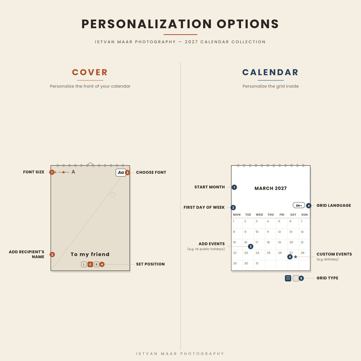 Personalization options for Istvan Maar Photography's 2027 calendar collection — cover: add recipient's name, choose font, size and position; calendar grid: choose start month, first day of week, language, grid type, and add events including custom events like birthdays.