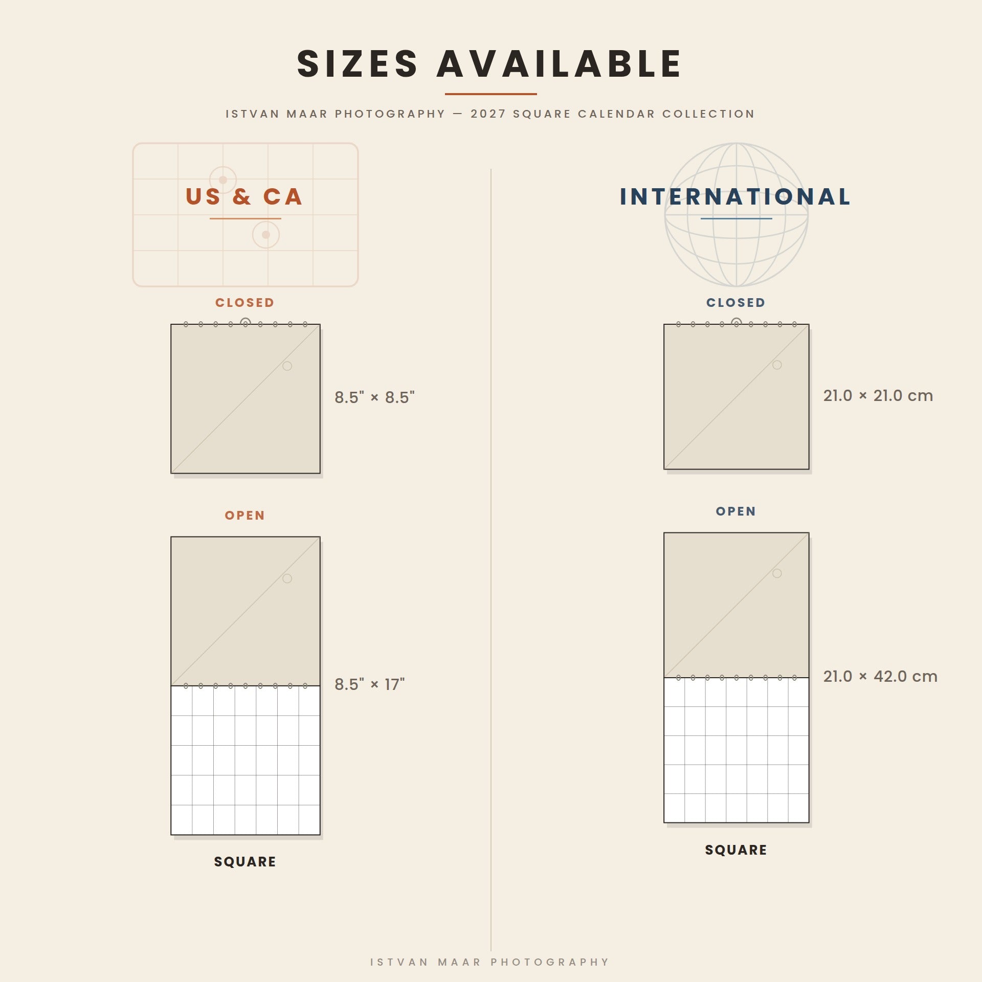 Size guide for Istvan Maar Photography's 2027 Square wall calendar collection — closed and open views comparing 8.5" x 8.5" (US & CA) and 21 x 21 cm (International) sizes.
