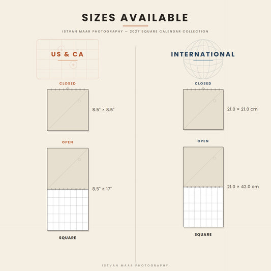 Size guide for Istvan Maar Photography's 2027 Square wall calendar collection — closed and open views comparing 8.5" x 8.5" (US & CA) and 21 x 21 cm (International) sizes.