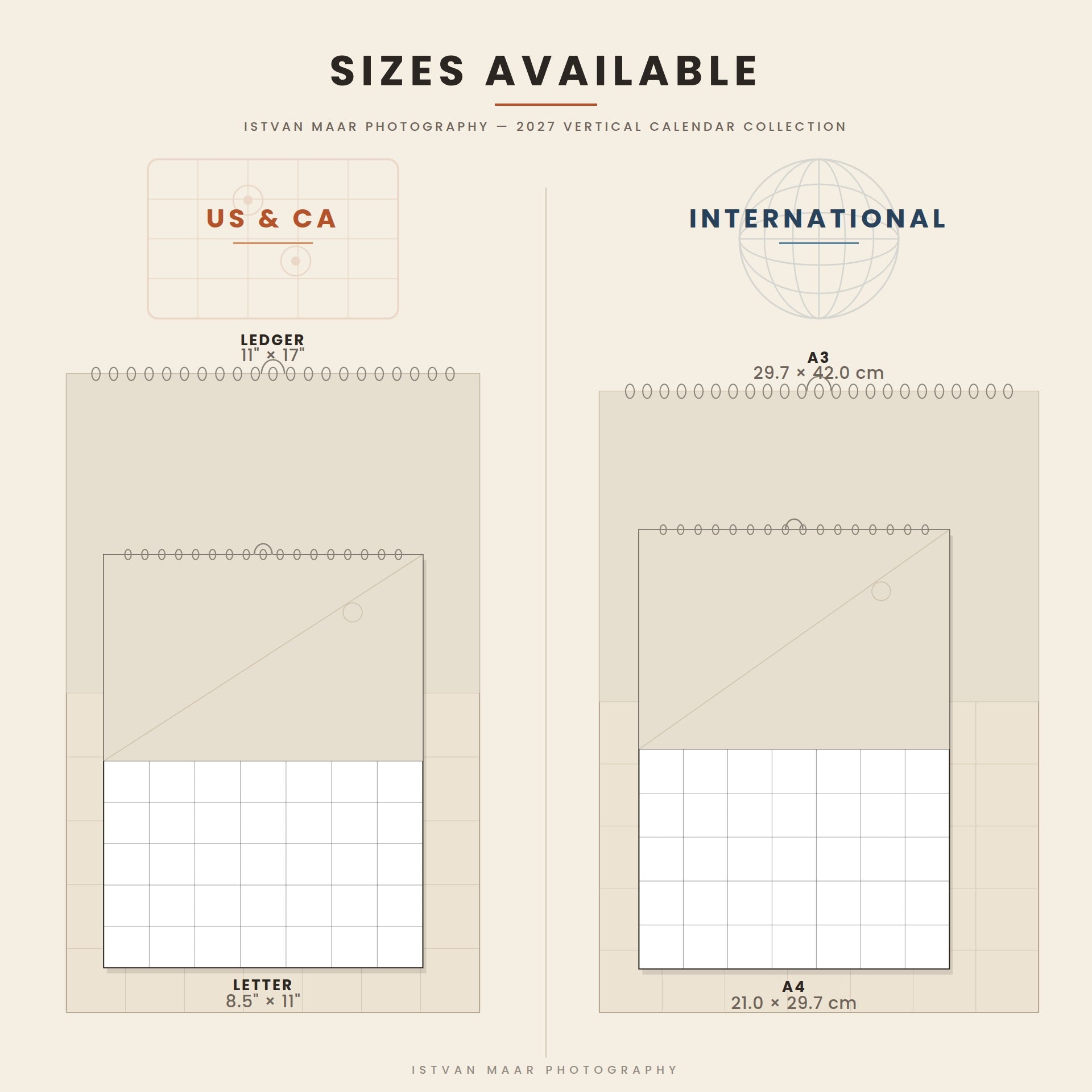 Size guide for Istvan Maar Photography's 2027 vertical calendar collection - Letter, Ledger, A4, and A3 dimensions compared for US, Canada, and international sizing