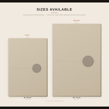 Size guide for Istvan Maar Photography's vertical stretched canvas prints, comparing Small (40x60cm) and Medium (50x75cm) dimensions in inches and centimetres.