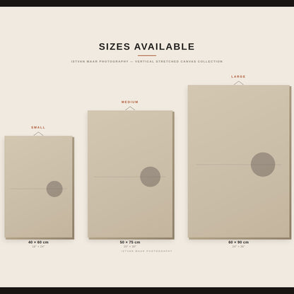 Size guide for Istvan Maar Photography's vertical stretched canvas prints, comparing Small (40x60cm), Medium (50x75cm) and Large (60x90cm) dimensions in inches and centimetres.