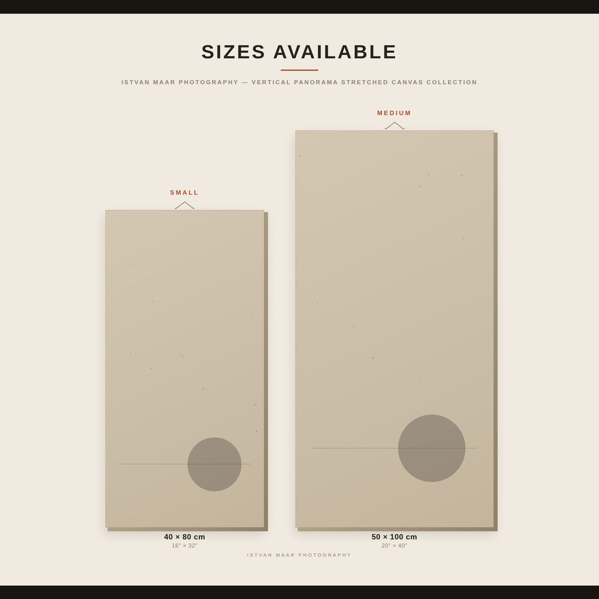 Size guide for Istvan Maar Photography's vertical panorama stretched canvas prints, comparing 40x80cm and 50x100cm dimensions in inches and centimetres.