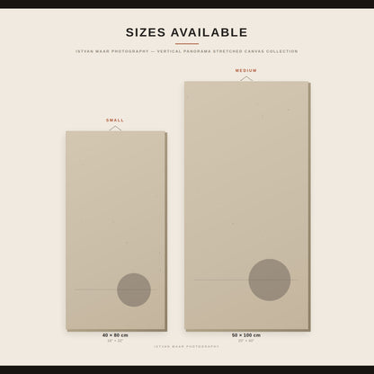 Size guide for Istvan Maar Photography's vertical panorama stretched canvas prints, comparing 40x80cm and 50x100cm dimensions in inches and centimetres.