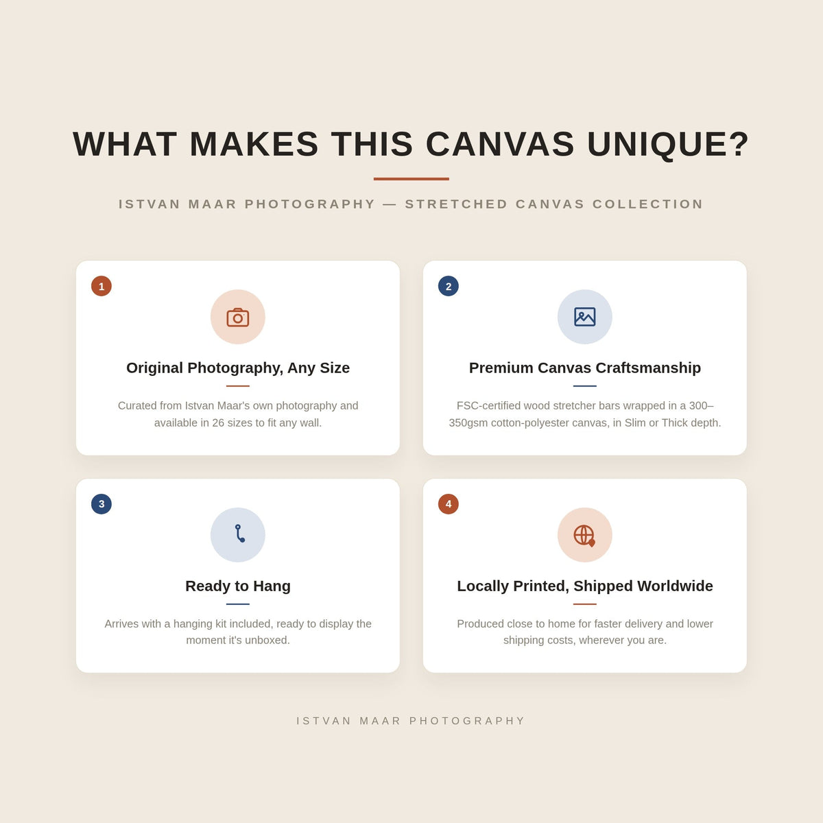 What makes this canvas unique — Istvan Maar Photography's stretched canvas prints feature original photography in 26 sizes, premium FSC-certified canvas craftsmanship, an included ready-to-hang kit, and local printing with worldwide shipping.
