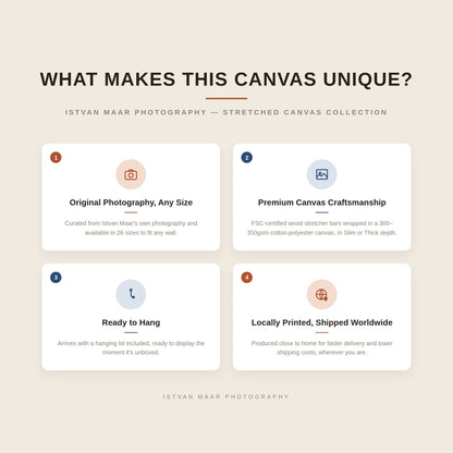 What makes this canvas unique — Istvan Maar Photography's stretched canvas prints feature original photography in 26 sizes, premium FSC-certified canvas craftsmanship, an included ready-to-hang kit, and local printing with worldwide shipping.