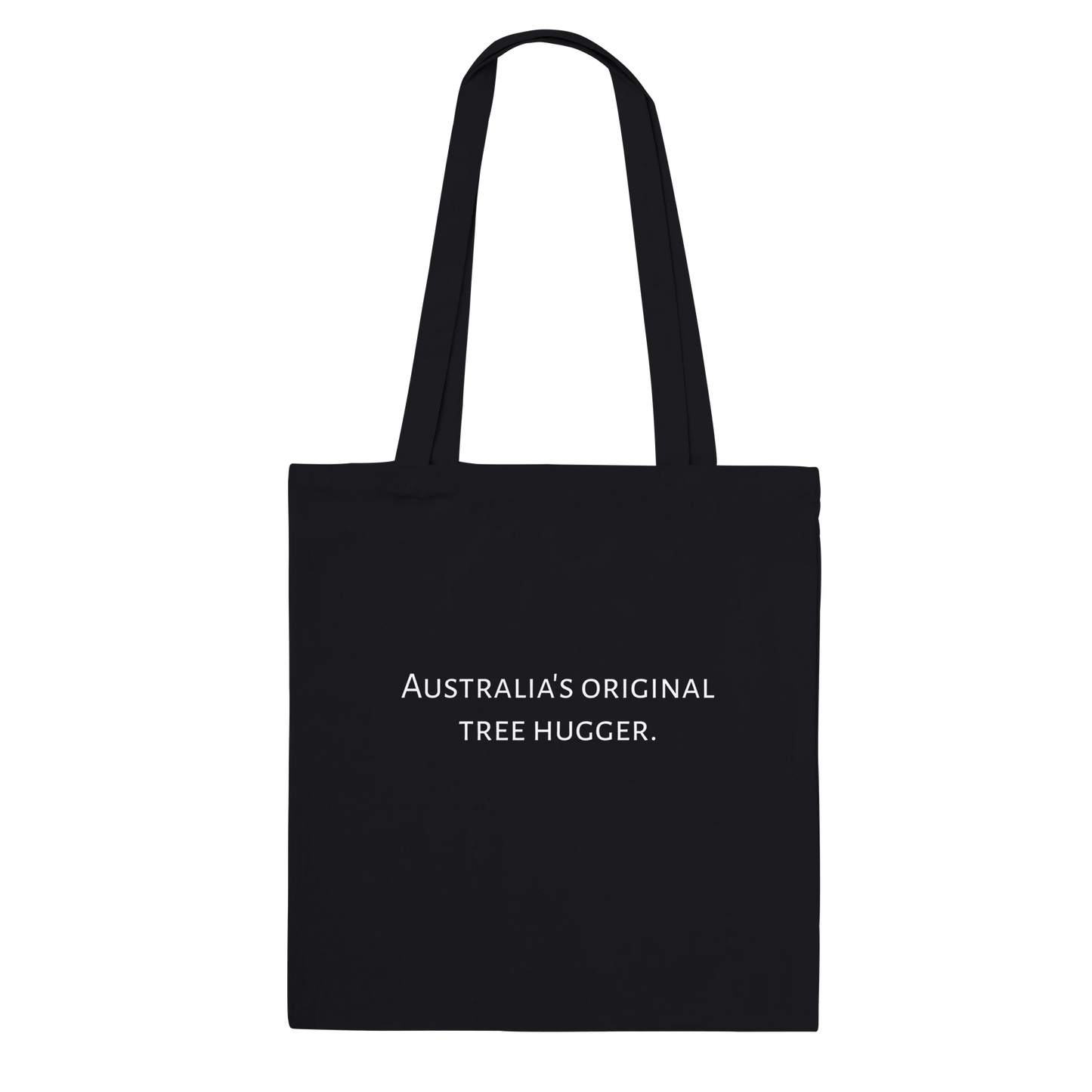 Koala photograph tote bag, Classic style, Black colour, back view with "Australia's original tree hugger" text in white